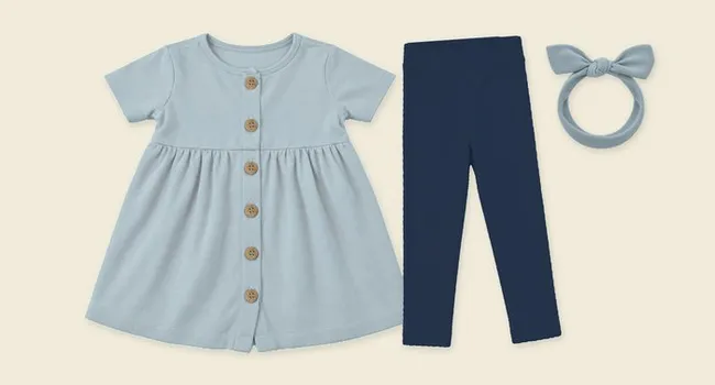 Flat lay: Penelope Dress with Indigo Leggings and a Knotted Headband