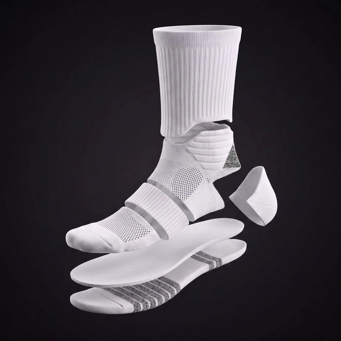 The same sock as an exploded view: cuff, leg, heel, toe, footbed and sole pulled apart in layers