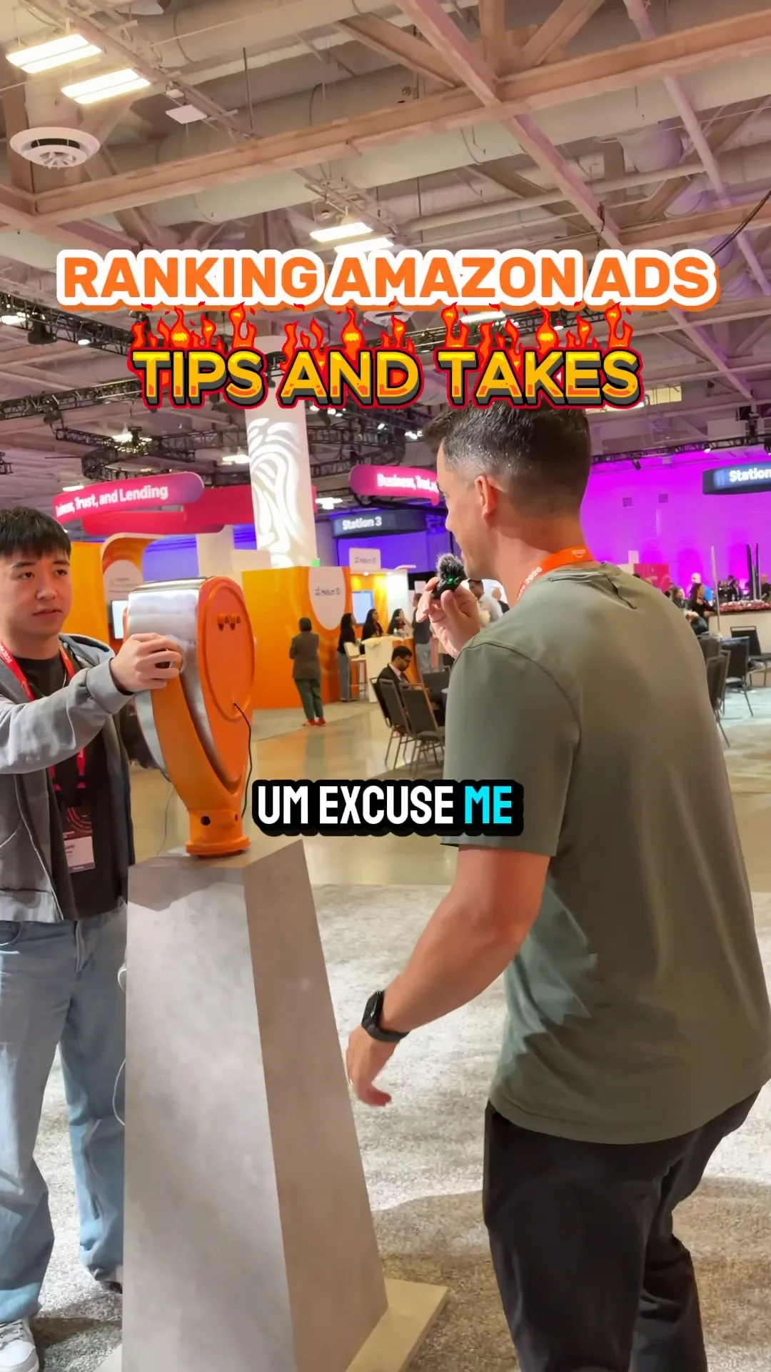 Andy with a microphone on the Amazon Accelerate 2026 show floor, about to ask a seller about ads